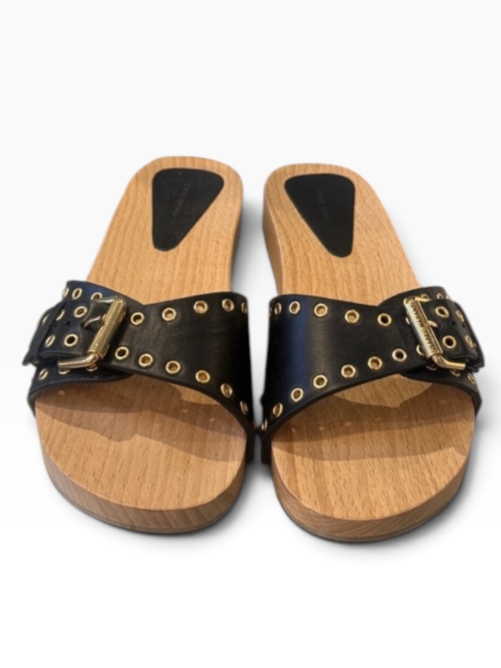 Isabel Marant Black Leather Grommet Buckle Wood-Effect Slide Mules